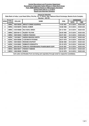 SBI Specialist Officer (AGM/CM) Exam 2014: Interview Schedule Released