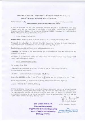 North Eastern Hill University Notified Recruitment for JRF Post 2014-15