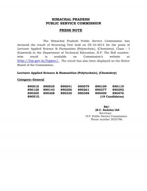 HPPSC Declared Result for Lecturer Applied Science & Humanities (Polytechnic) Post 2014