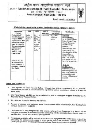 NBPGR Notified Recruitment for 01 JRF Post 2014-15