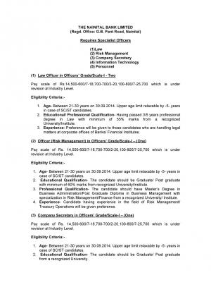 The Nainital Bank Limited Notified Recruitment to 18 Officers Post 2014