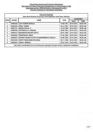 SBI Notified Interview Schedule for the Post of Sr. Executive (Compliance)
