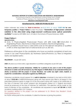 NISER Notified Walk-in Interview for Project Fellow-I Post 2014-15