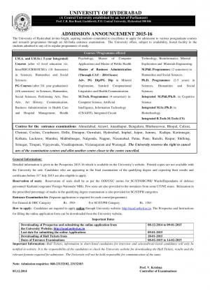 University of Hyderabad Notified Admission to Various PG and Research Programs 2015-16