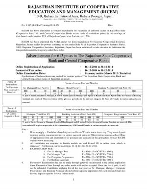RICEM, Jaipur Notified Recruitment for 613 Manager, Assistant & Programmer Posts 2014