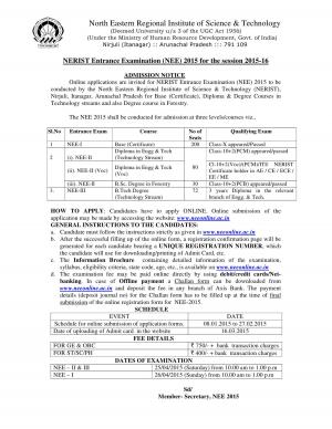NERIST, Nirjuli Notified Admission to Various Bachelor’s, Diploma & Certificate Courses 2015
