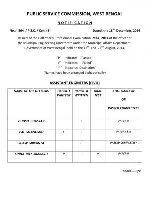 WBPSC Declared Final Results for Half Yearly Professional Examination 2014