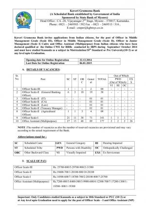 Kaveri Grameena Bank Notified Recruitment for 177 Officer Posts 2014