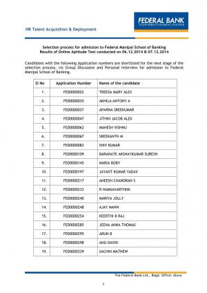 Federal Bank Ltd Declared Online Aptitude Test Result for Federal Manipal School of Banking 2014 