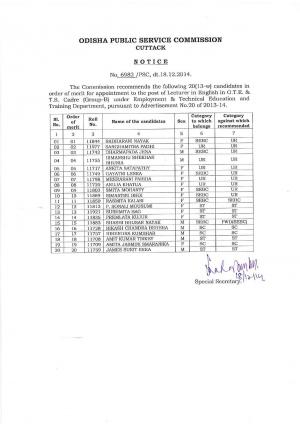 OPSC, Cuttack Announced Final Result for Lecturer in English in OTE & TS Cadre Posts 2014