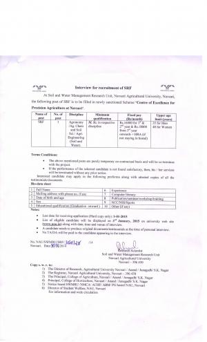 Navsari Agricultural University Notified Recruitment for SRF Posts 2014-15