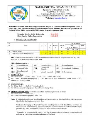 Saurashtra Gramin Bank Notified Recruitment for 105 Officer & Office Assistant posts 2014