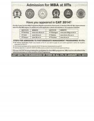 IITs Notified Admission to Post Graduate Management Programmes 2015