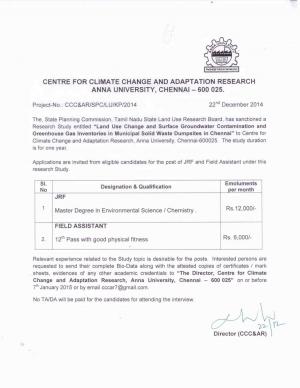 Anna University, Chennai Notified Recruitment for 02 Field Asst. & JRF Posts 2014-15