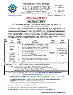 CSIR, Chennai Notified Recruitment for 03 SRF Posts2014