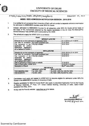 Faculty of Medical Sciences, DU Notified Admission to MBBS/BDS Courses 2015
