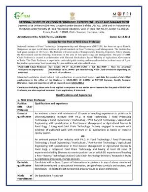 NIFTEM, Sonepat Notified Recruitment for NHB Chair Professor Post 2014