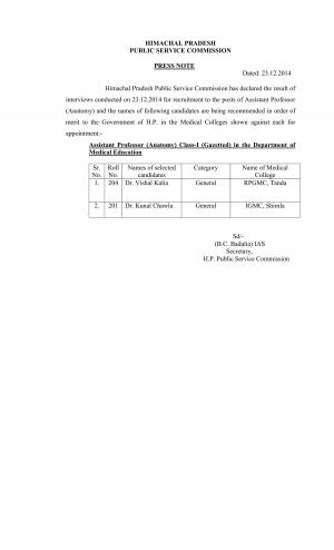 HPPCS Declared Final Results for Assistant Professor (Anatomy) Posts 2014