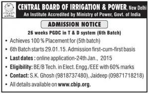 CBIP Notified Admission to PG Diploma in O & M of Transmission & Distribution System 2015