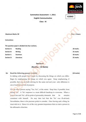 CBSE Class 9 English Communicative Question Paper SA 1- 2011