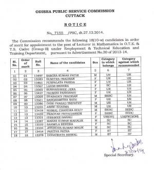 OPSC Declared Final Results for Lecturer in Mathematics and T.S. Cadre Posts 2015 