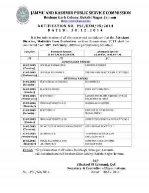 J&K PSC Declared Main Exam Schedule for Asst Director (Statistics cum Evaluation, 2013)