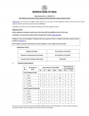 RBI Notified Recruitment for 38 Junior Engineer (Civil/Electrical) Posts 2015