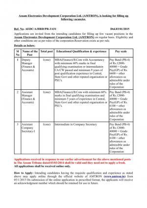 AMTRON notified Recruitment for MBA Graduates to various post 2015