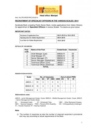 Syndicate Bank Notified Recruitment to 43 Specialist Officers Posts 2014