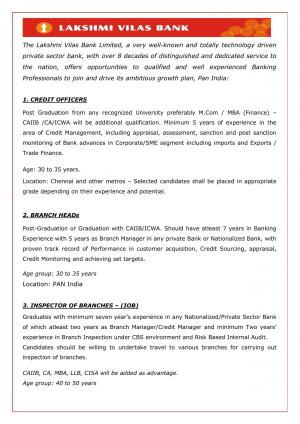 Lakshmi Vilas Bank Notified Recruitment for 07 Various Posts 2015