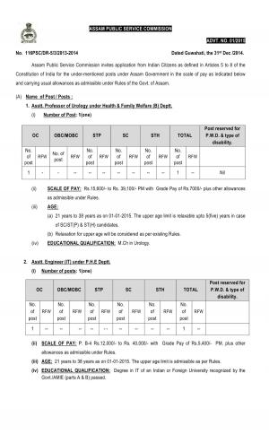 APSC Notified Recruitment for 05 Various Posts 2015 