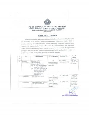 OUAT Notified Walk-in Interview for Recruitment to 03 RA, Traineeship & Studentship Posts 2015