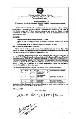 NISD Notified Admission for Geriatric Care/ Care Taker Certificate Course of 2015