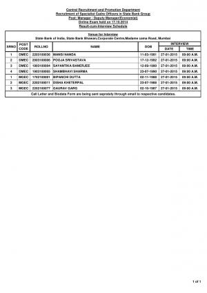SBI Issued Interview Schedule for Manager/ Deputy Manager (Economist) Post 2014