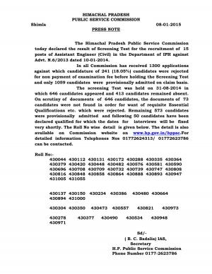 HPPSC Assistant Engineer (Civil), IPH Dept 2015- Screening Test Result Declared