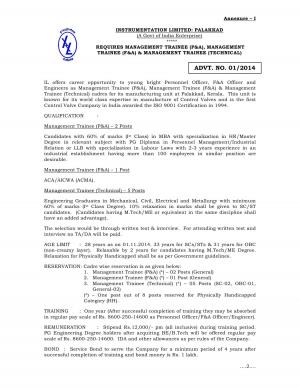 Requires MT (P&A) MT (F&A) & Management Trainee (Technical) 2014