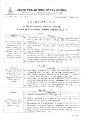 APSC Combined Competitive (Main) Examination 2014- Question Pattern