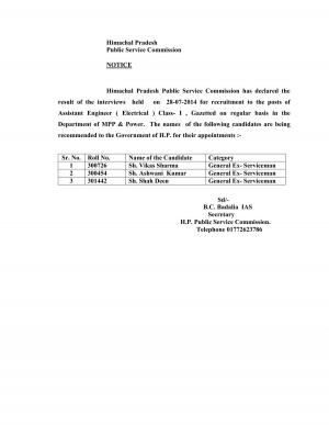 Interview Result for the post of Assistant Engineer (Electrical) 2015