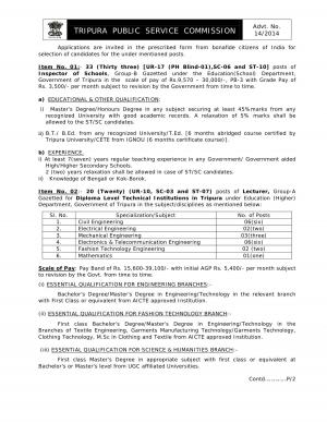 Tripura Public Service Commission Notified Recruitment for 72 Various Posts 2015 
