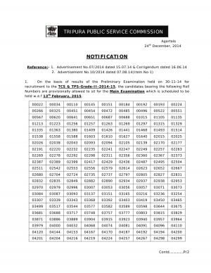Tripura PSC Issued List of Selected Candidates for Main Examination TCS-TPS Grade-II Post 2014-15