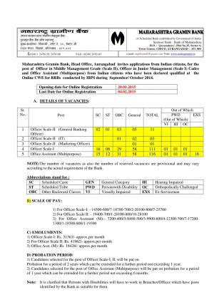 Maharashtra Gramin Bank Notified Recruitment for 242 Posts of Officers and Assistant 2015