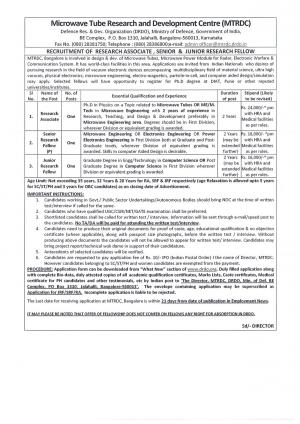 MTRDC Notified Recruitment for 03 RA, SRF & JRF Posts 2015