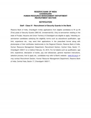 RBI Chandigarh Notified Recruitment for 05 Security Guard Posts 2015