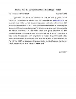 MANIT Bhopal Notified Admission for MBA Program 2015-17