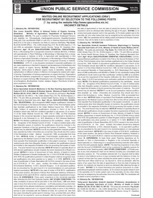 UPSC Notified Recruitment for 62 Various Posts 2015