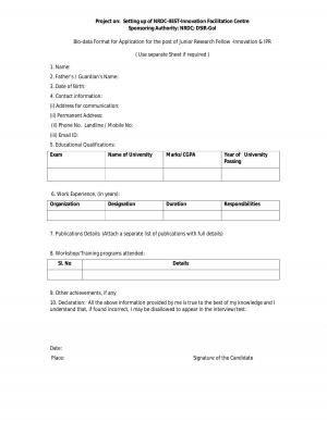 IIEST Bio data Format for Application for the post of JRF Innovation and IPR