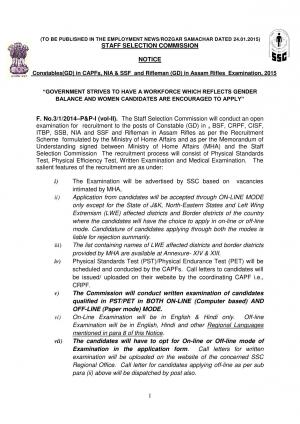 SSC Assam Rifles Examination 2015- Notification Released