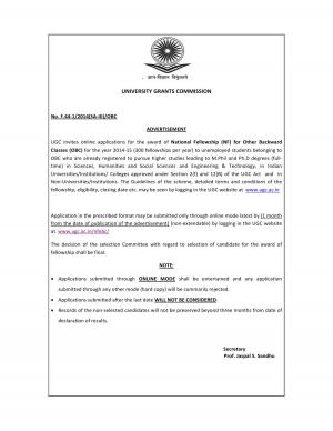 UGC New Delhi Notified Award of 300 National Fellowship (NF) for OBC 2015