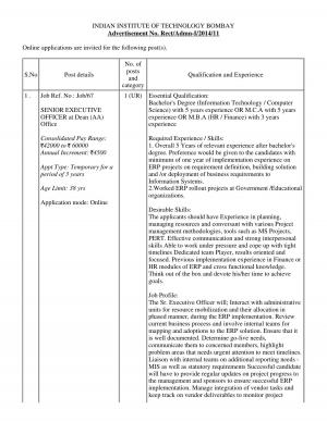 IIT Bombay Recruitment of Senior Executive Officer for MBA graduates 2015