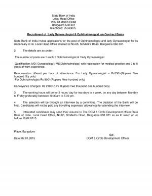 State Bank of India Notified Recruitment for 02 Posts of Gynecologist and Ophthalmologist 2015